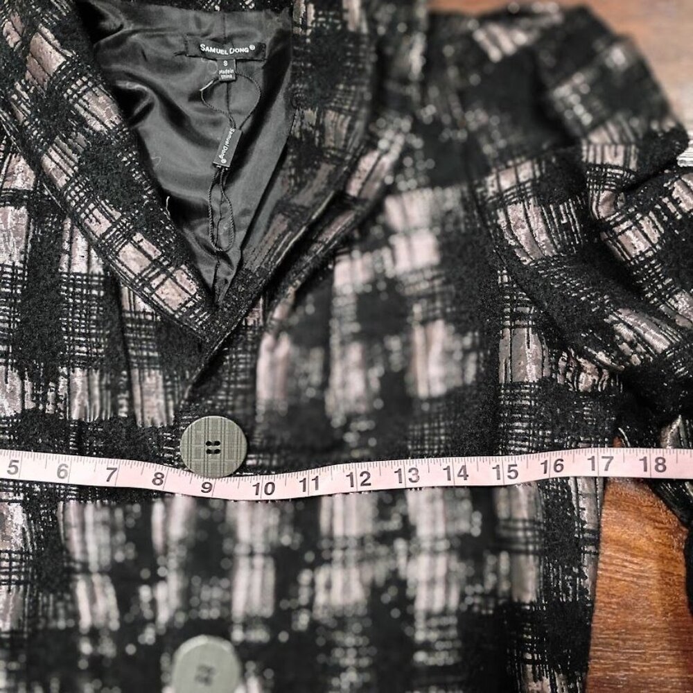 Samuel Dong Black & Mauve Plaid Jacket S With Puff Sleeves Button Front - Picture 7 of 11